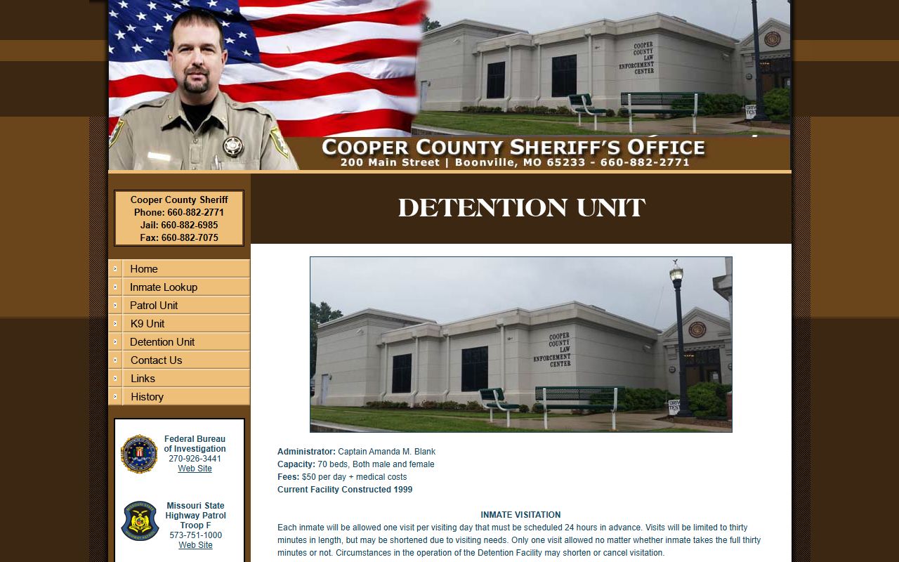 Cooper County inmate records detention unit page with visitation and account details