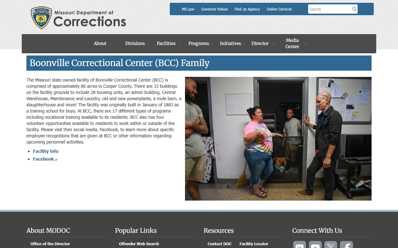 Boonville Correctional Center family page with campus and program history