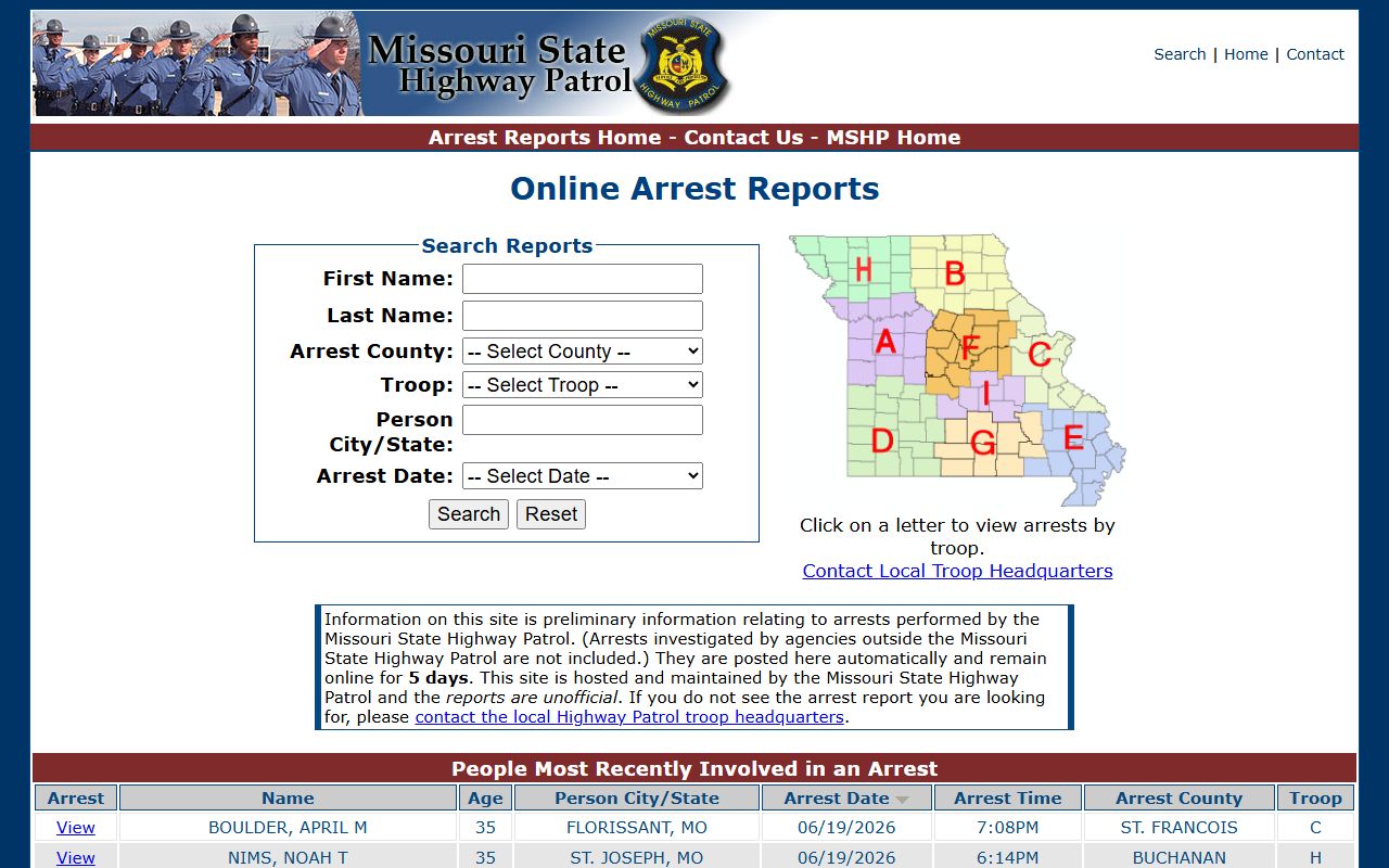 Cooper County court records after arrest MSHP arrest report search fields